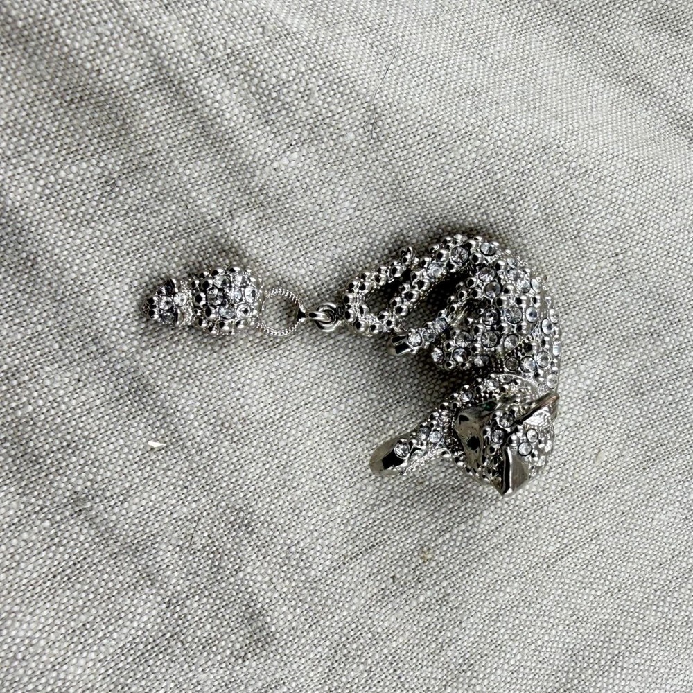 Vintage Rhinestone Cat Brooch with Dangle Mouse, Green Eyes, Silver Tone